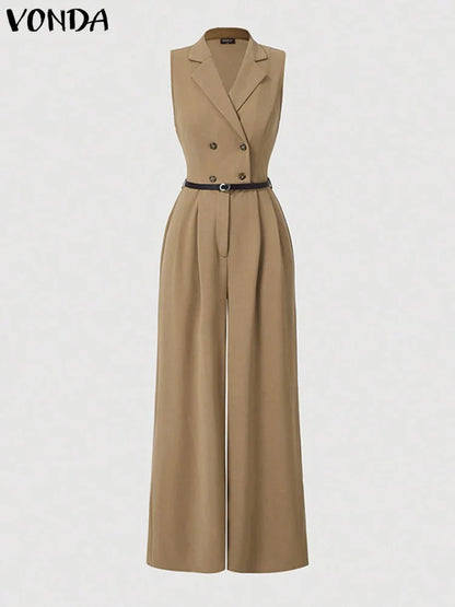 Luxurious VONDA Plus Size 5XL sleeveless solid colour jumpsuit featuring an elegant wide leg design, perfect for casual occasions and all-season wear.