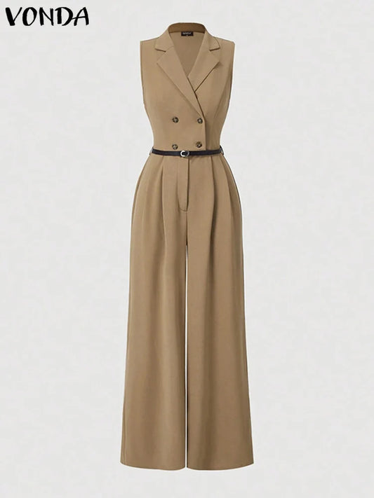 Luxurious VONDA Plus Size 5XL sleeveless solid colour jumpsuit featuring an elegant wide leg design, perfect for casual occasions and all-season wear.