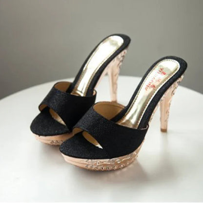 Elegant Women's Rhinestone High Heels Sandals featuring open back design and spike heels in luxurious gold finish.