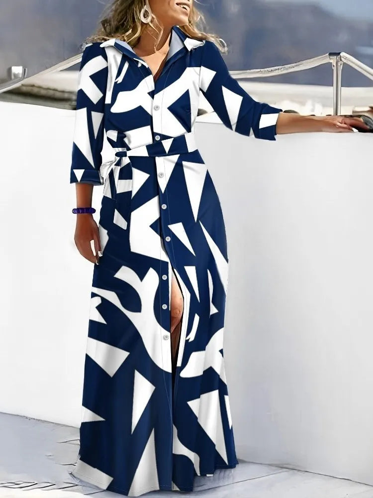 Exquisite Autumn Lace-Up Shirt Dress for Women featuring a refined striped print, elegant turn-down collar, and full sleeves, perfect for office and casual occasions.