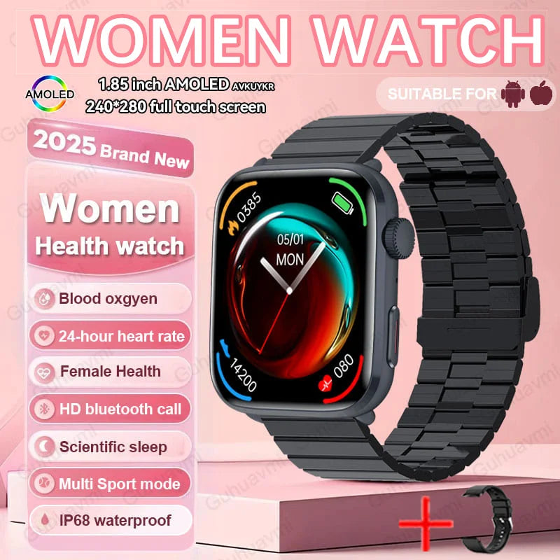 Elegantly designed AI diagnosis NFC smartwatch for women featuring a 1.85-inch AMOLED display, heart rate and blood pressure monitoring, and Bluetooth calling functionality.