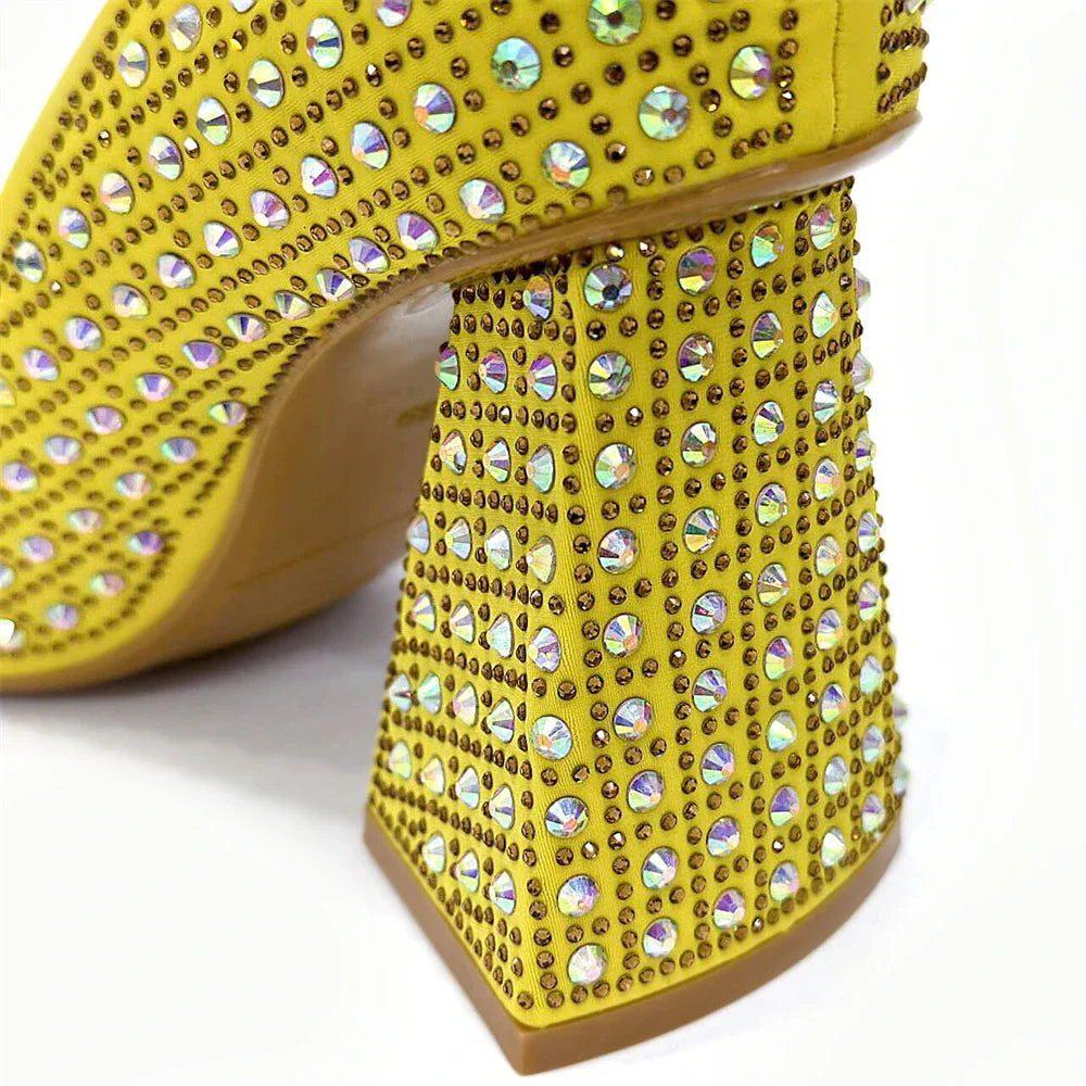 Sophisticated yellow rhinestone heels with a super high height and slip-on closure for women, perfect for formal events.