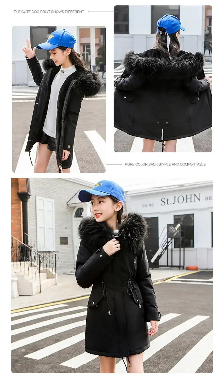 Luxurious velvet coat for girls with a stylish fur-lined hood, designed for ultimate comfort and warmth in winter, available for ages 5-14.