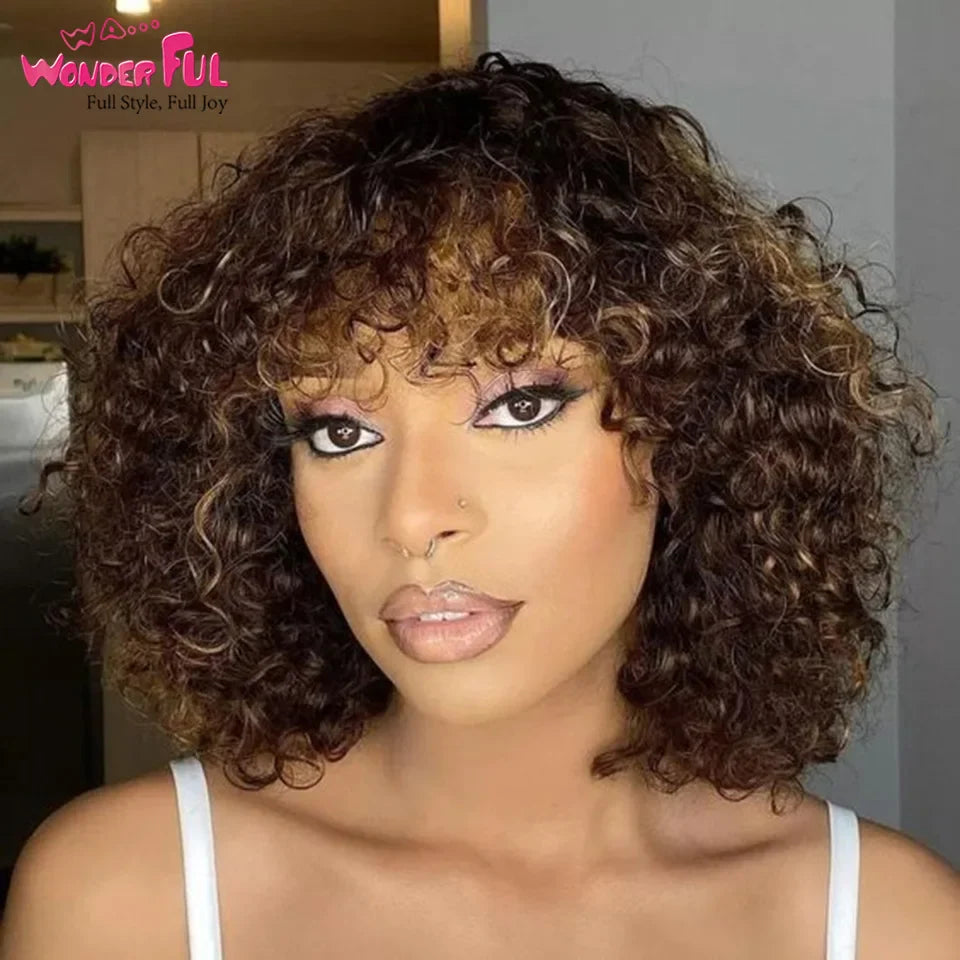 Close-up of the luxurious Jerry Curl texture on a Brazilian Bob Wig with bangs, designed for style and comfort in short lengths.