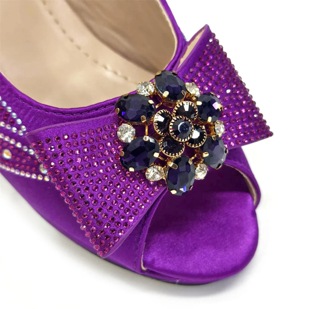 Elegant Venus Chan purple peep toe high heels adorned with rhinestones and butterfly-knot design, perfect for women's formal events.
