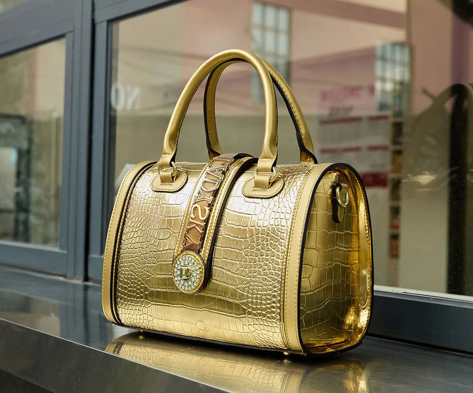 Chic and luxurious women's handbag featuring a spacious design, crafted from soft microfiber leather with a stylish animal print, perfect for any season.