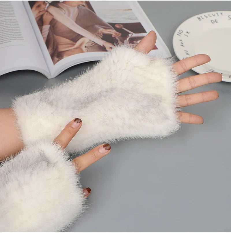 Fashionable women's fur half finger gloves, offering a blend of style and warmth, crafted from genuine mink fur.