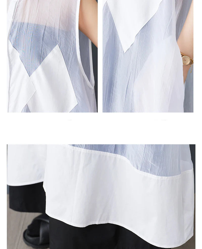 Stylish model wearing the NYFS Loose Plus Size Organya Splicing Sleeveless Casual Shirt Dress, exuding sophistication and comfort in a casual summer setting.