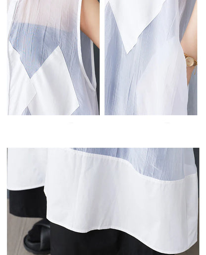 Stylish model wearing the NYFS Loose Plus Size Organya Splicing Sleeveless Casual Shirt Dress, exuding sophistication and comfort in a casual summer setting.