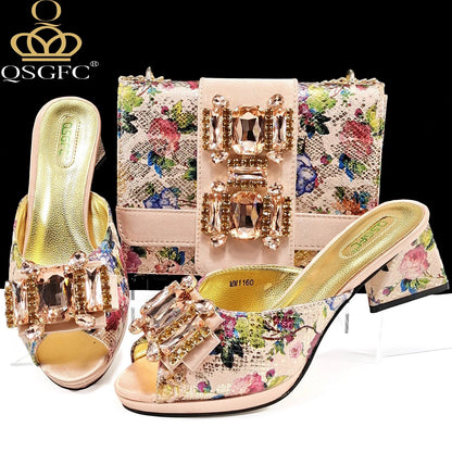 Luxurious rose gold matching set of sandals and handbag from QSGFC, perfect for weddings and special occasions with a touch of elegance.