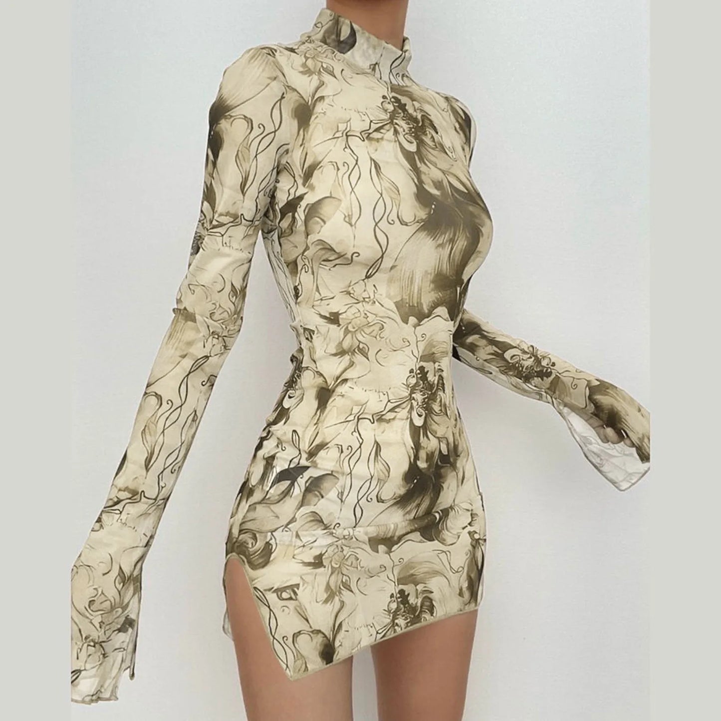 Stylish plus size women's A-line dress displayed on a mannequin; knee-length design with graceful bell sleeves, embodying sophistication and comfort.