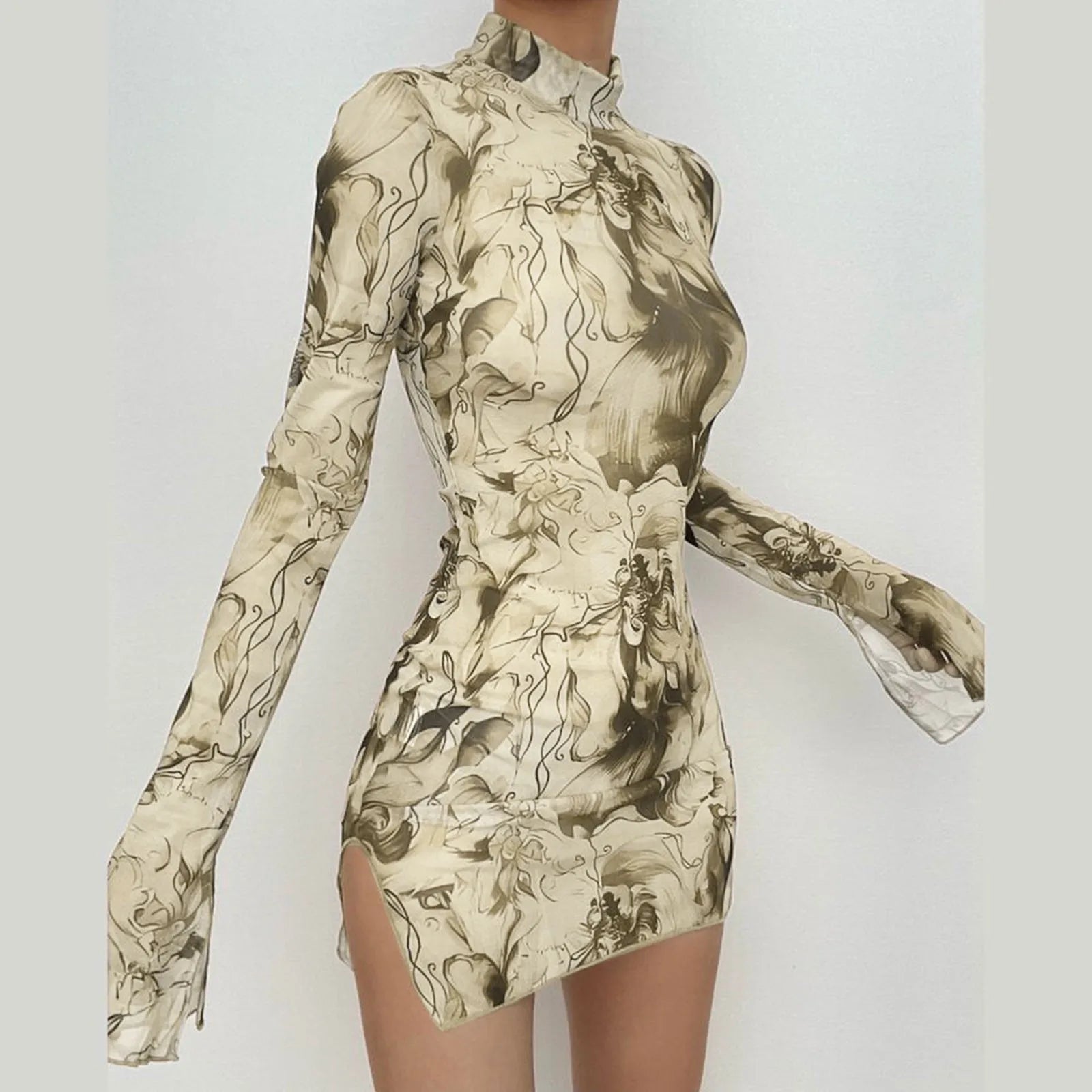 Stylish plus size women's A-line dress displayed on a mannequin; knee-length design with graceful bell sleeves, embodying sophistication and comfort.