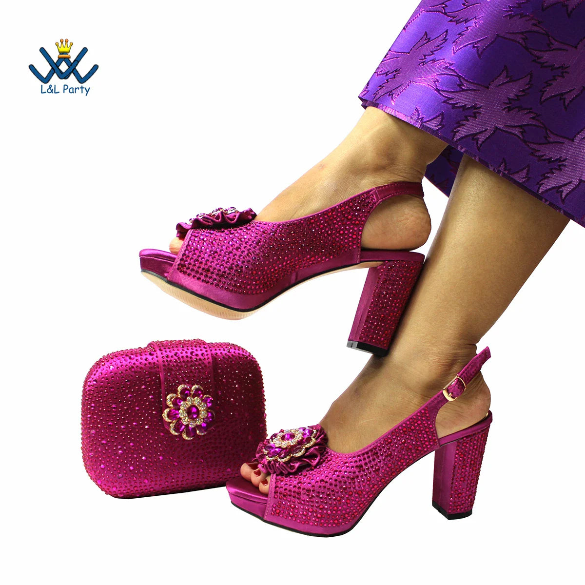 Elegant matching magenta handbag paired with luxury peep toe pumps, perfect for sophisticated evening events.