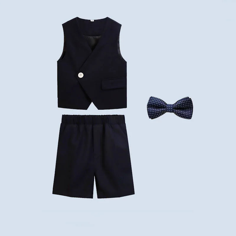 Elegant short-sleeved shirt and shorts combination in a sophisticated green and white theme, designed for boys aged 7-13 years for special events.