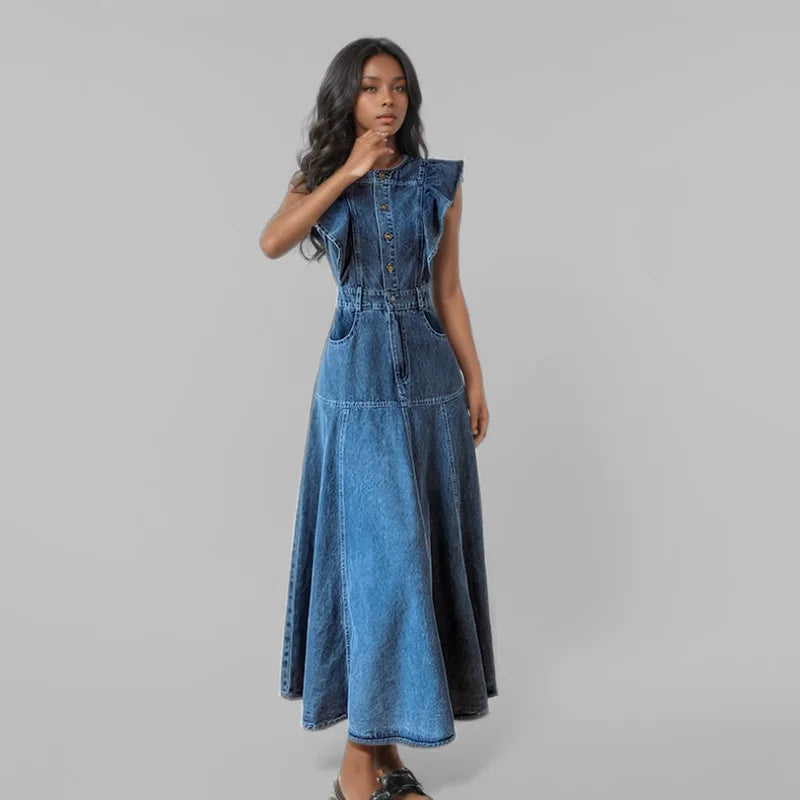 Elegant WTHT women's sleeveless denim long dress with ruffled edge and mid-calf pleated style, ideal for sophisticated autumn and winter outings.