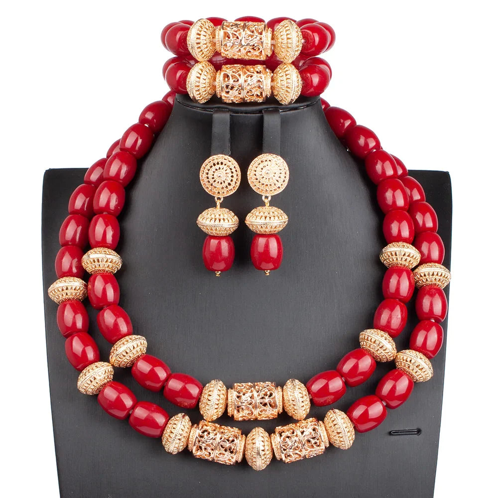 Artistic arrangement of the luxury African beads jewellery set highlighting the classic design with copper alloy elements, crafted with artificial coral.