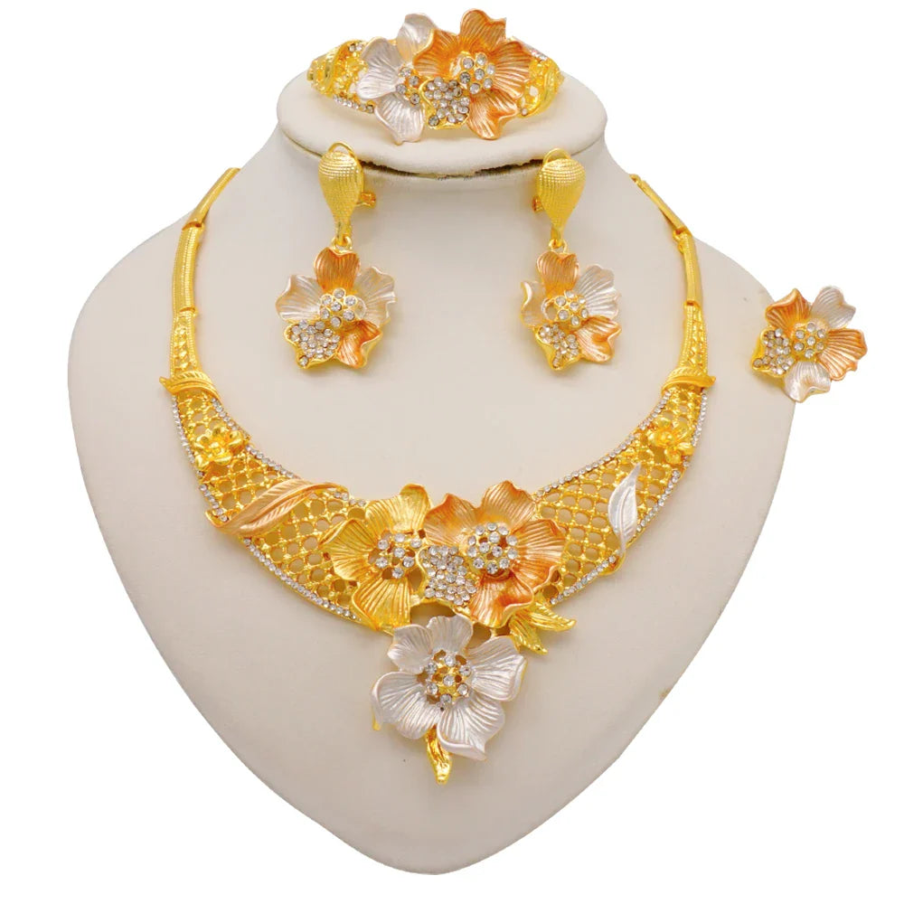Luxury Dubai gold colour necklace from a jewelry set for women, featuring an elegant African design, perfect for bridal occasions.