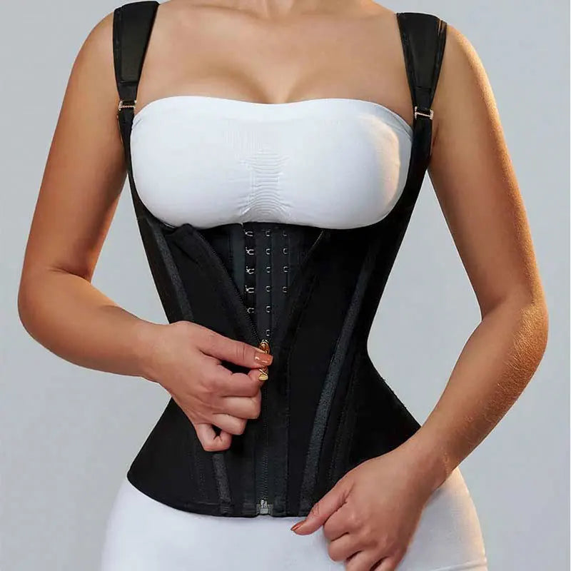 Luxury latex waist cincher corset for tummy control, featuring a sophisticated design with zipper and button closure, perfect for shaping and enhancing curves.