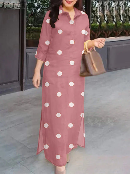 Versatile polka dot plus-size sundress displayed on a mannequin, exuding elegance and style suitable for middle-aged women during the summer season.