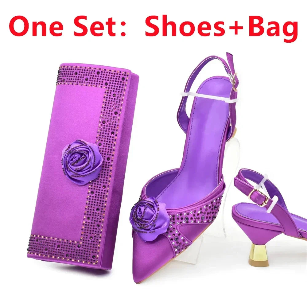 Elegant women's Italian shoes with handmade floral details, paired with a stylish matching bag, perfect for upscale parties and weddings, available in sizes 38-43.