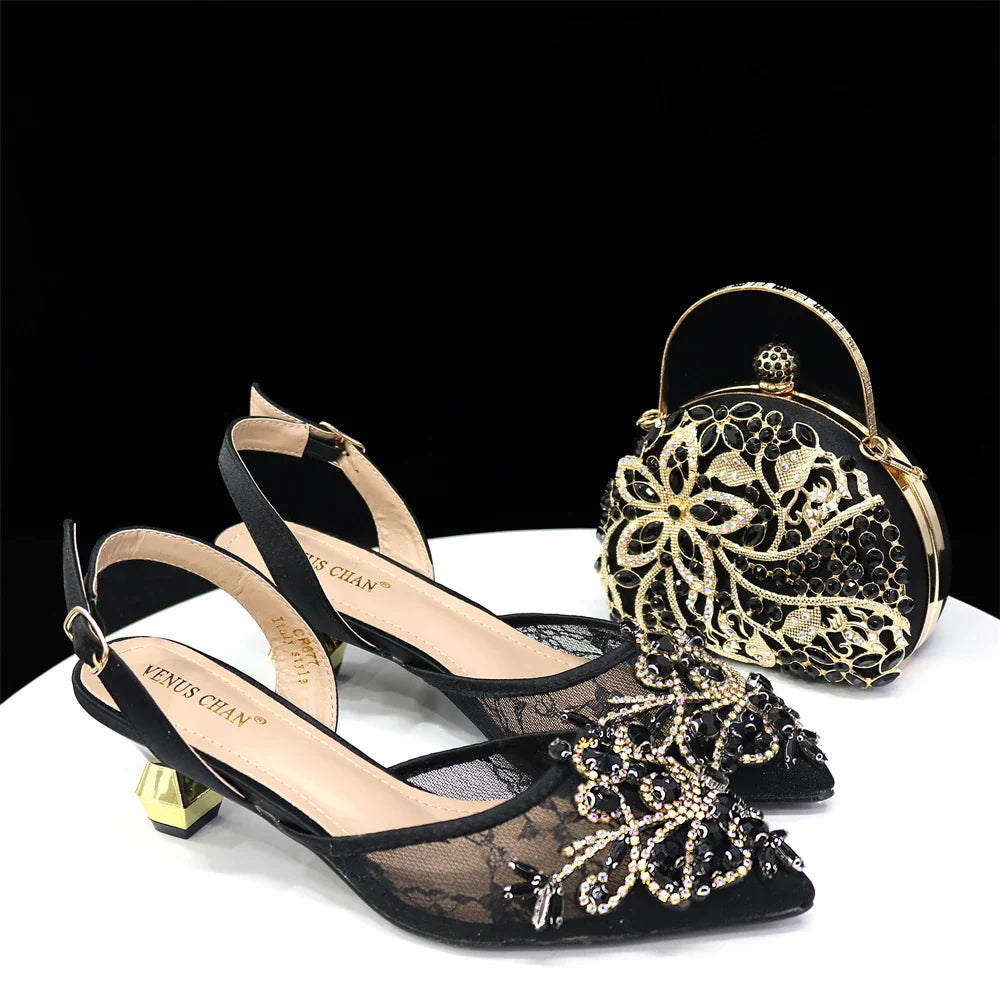 Chic mini handbag set accompanying elegant green lace shoes, showcasing a stylish metal handle ideal for upscale events.