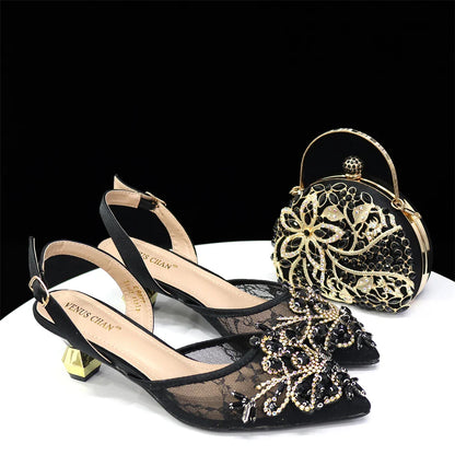 Chic mini handbag set accompanying elegant green lace shoes, showcasing a stylish metal handle ideal for upscale events.