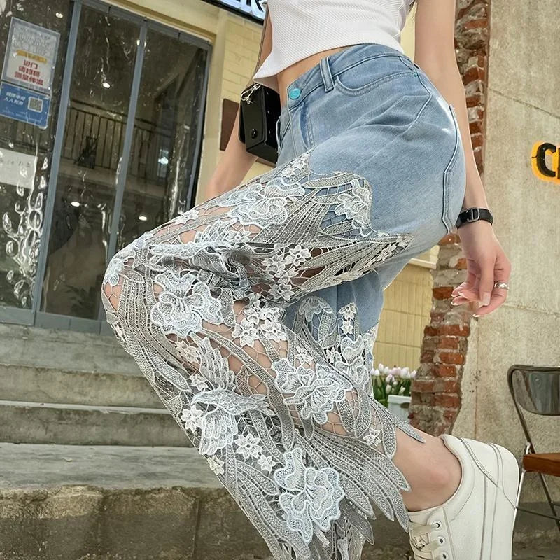 Luxurious women's vintage straight leg capris jeans featuring elegant rhinestones and delicate lace detailing, ideal for casual sophisticated style.