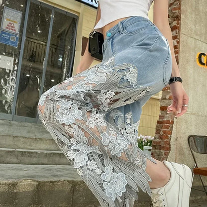 Luxurious women's vintage straight leg capris jeans featuring elegant rhinestones and delicate lace detailing, ideal for casual sophisticated style.