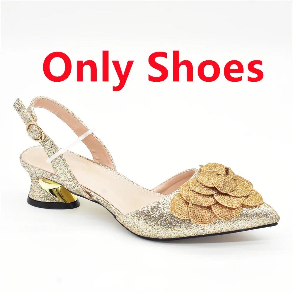 Stylish gold rhinestone shoe and bag ensemble, crafted for women, ideal for special occasions and evening events with a glamorous touch.