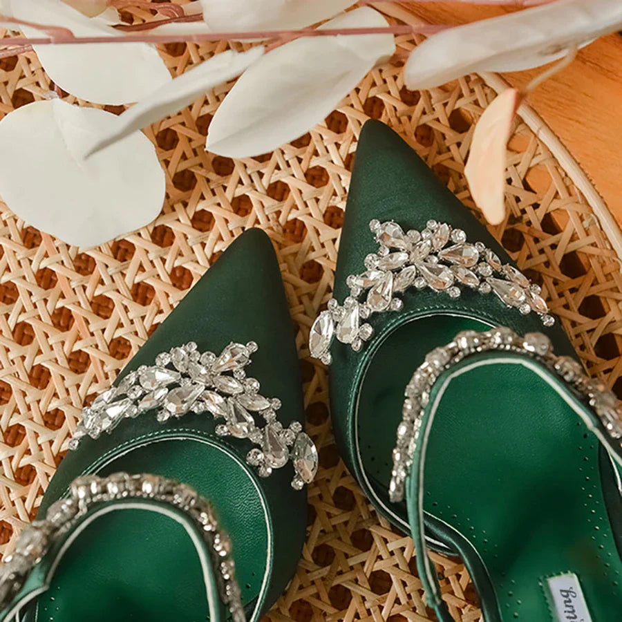 Elegant women's luxury silk rhinestone mules sandals with a low heel, perfect for summer outdoor events.