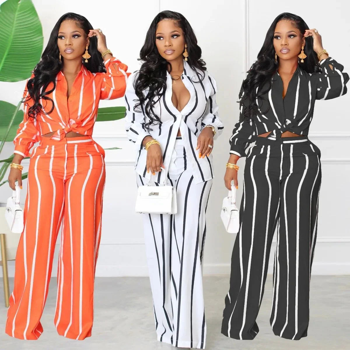 Women's luxurious striped two-piece set featuring casual long pants and a matching shirt for an elegant everyday look.