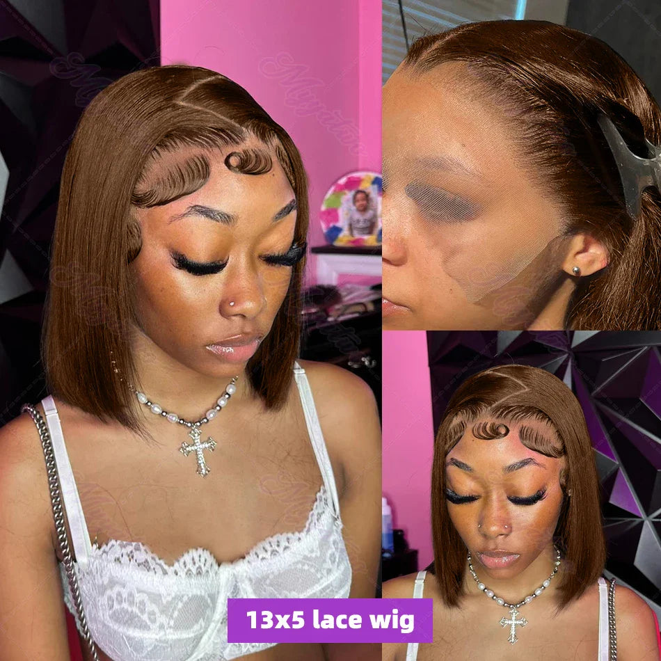 Elegant 250 density Brazilian short bob human hair wig featuring a 13x4 HD transparent lace frontal in rich chocolate brown, exuding luxury and style.