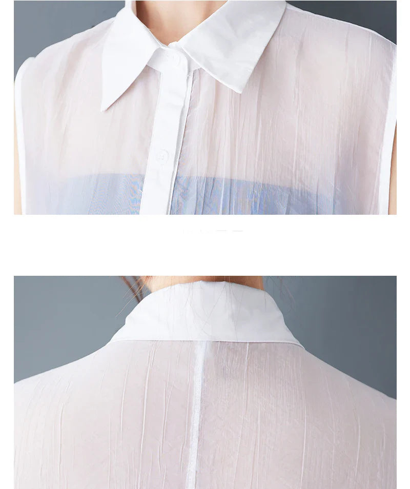 Luxurious close-up of the Polyester fabric of the NYFS Loose Plus Size Organya Splicing Sleeveless Casual Shirt Dress, highlighting its mid-calf length and A-line silhouette.