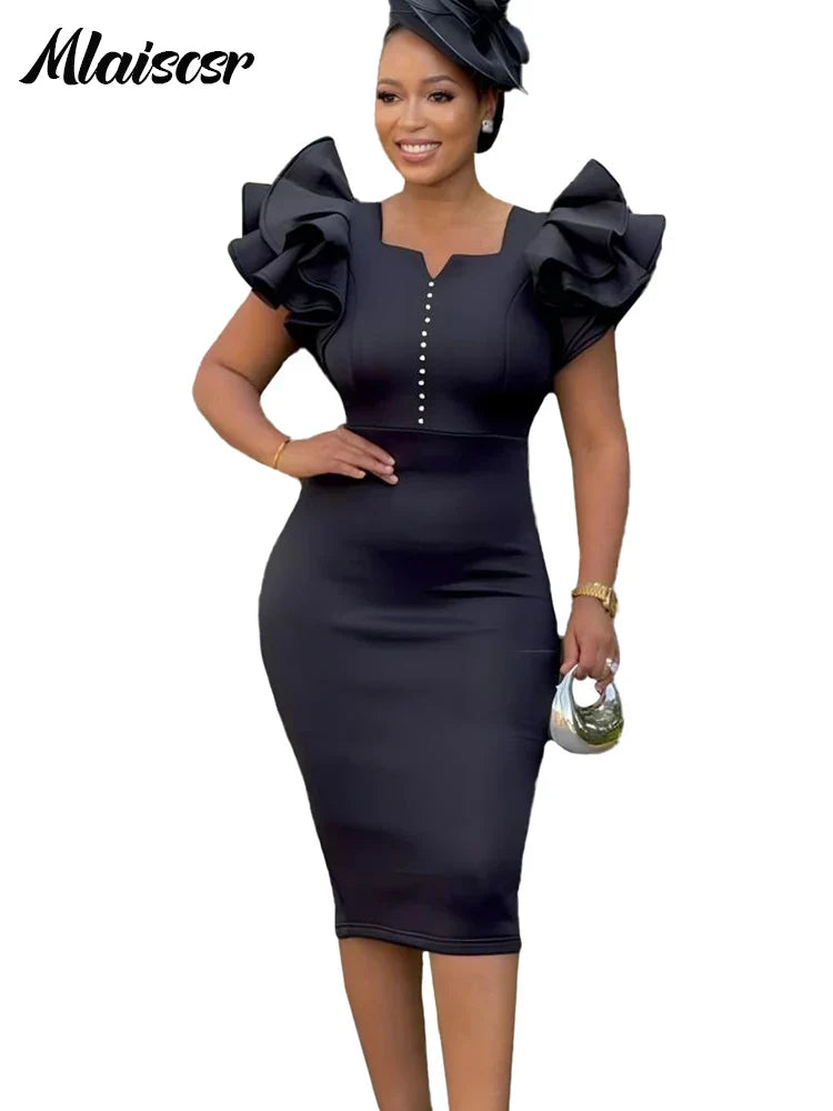 Sophisticated women's midi dress with short sleeves and intricate ruffle design, ideal for professional settings.