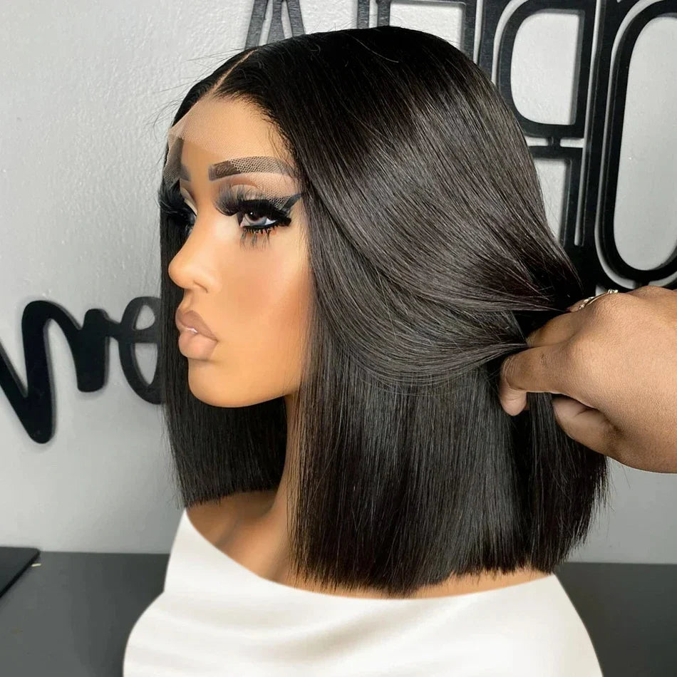 Elegant 14 inch straight lace frontal bob wig for women, pre-plucked with Brazilian Remy human hair, showcasing a sleek and sophisticated hairstyle.
