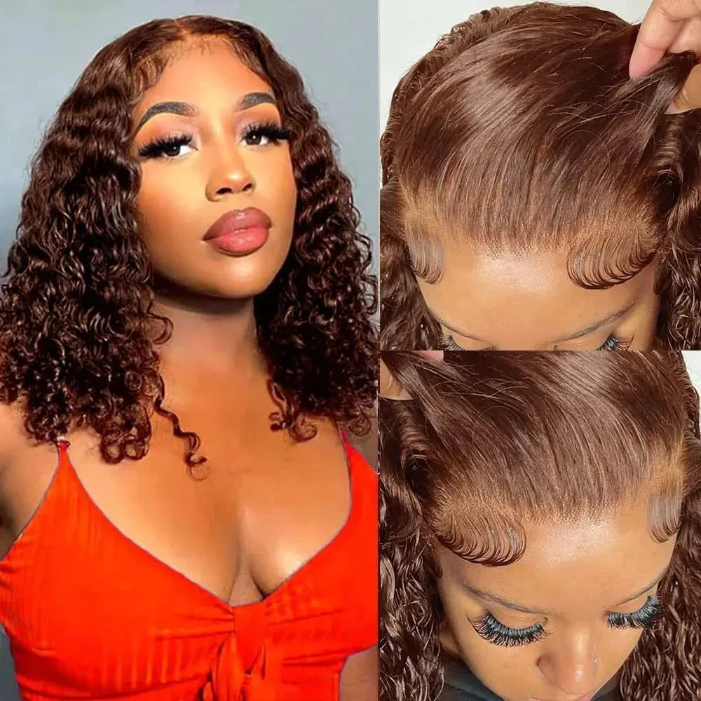 Back view of a premium brown kinky curly bob wig, designed for comfort and style, ideal for elegant day-to-night transformations.