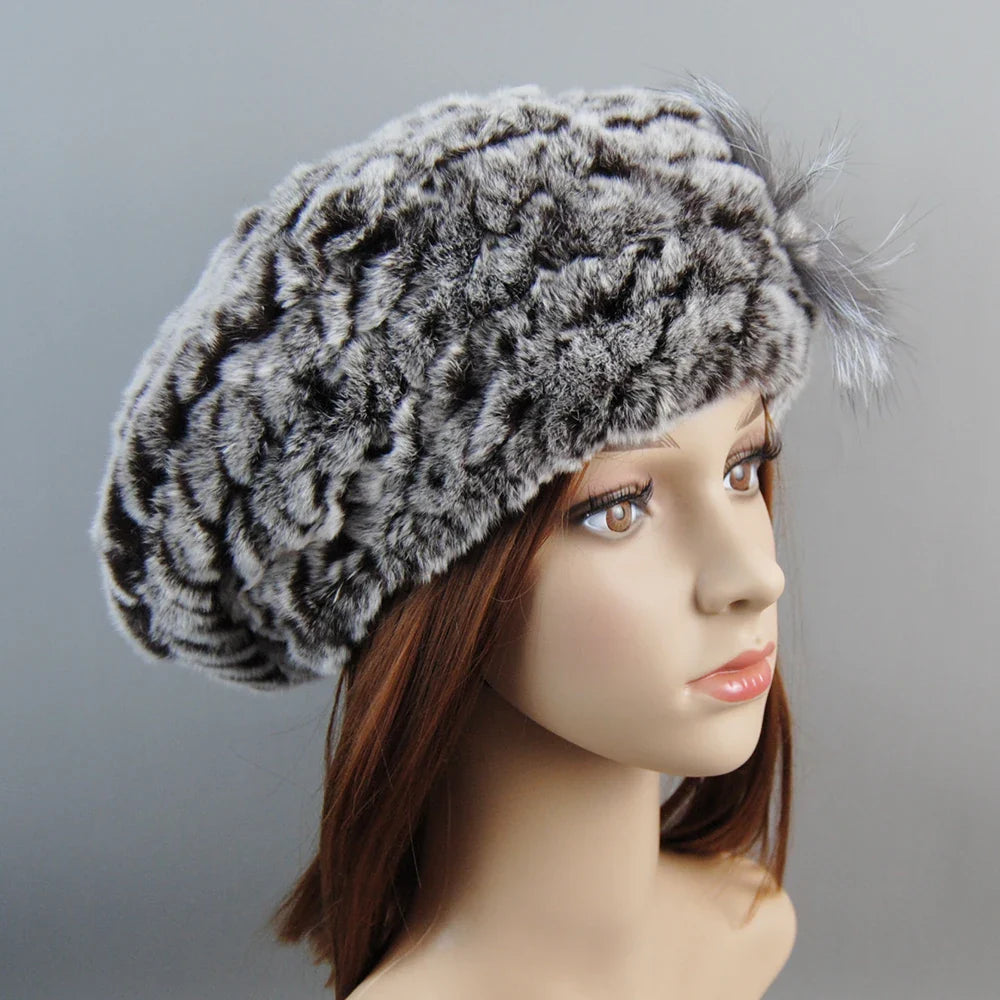 Stylish women's winter faux fur set, modelled to emphasise the comfortable fit and luxurious materials used in its design.