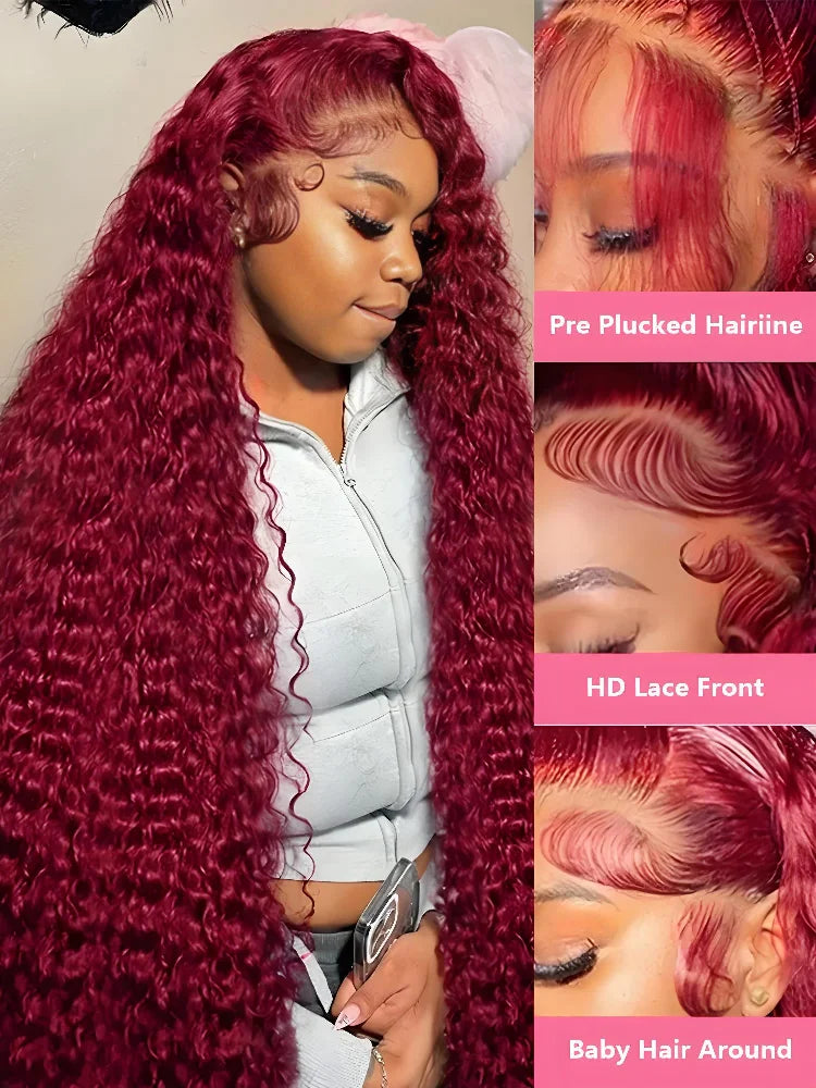 Stunning close-up of 13x4 HD Lace Frontal Wig, featuring deep Kinky Curly texture in rich 99J Burgundy, designed for elegance and versatility.