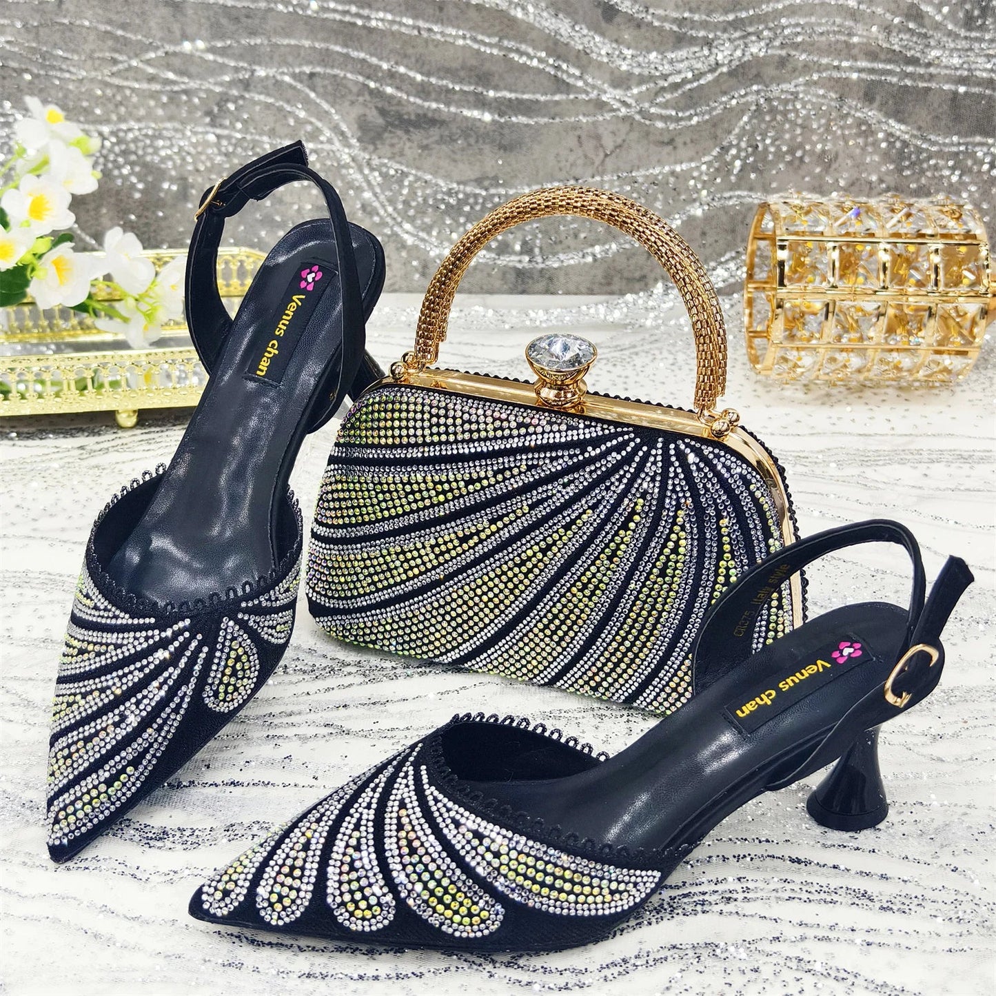 Complete women's designer shoe and bag set, featuring stylish pointed toe design, ideal for special occasions such as weddings or parties.