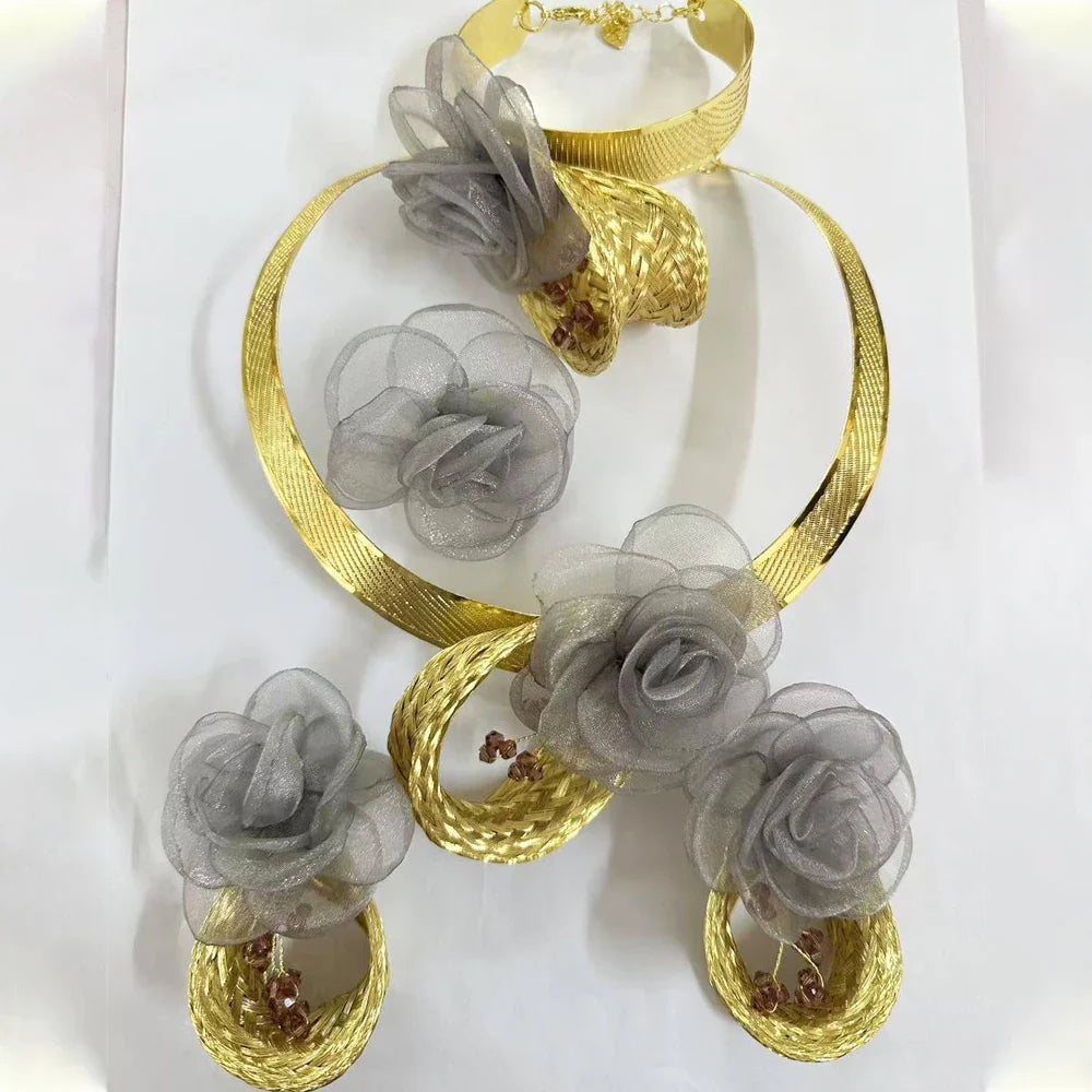Stunning gold color jewelry set for women featuring Brazilian heavy earrings, an elegant necklace, and a stylish bracelet, perfect for weddings and special occasions.