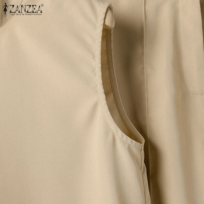 Full ensemble shot of a chic two-piece matching set featuring a fashionable tank top and wide leg pants, embodying summer elegance and office sophistication.