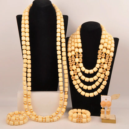 Complete Nigerian bridal jewelry set displayed elegantly, including a necklace, bracelet, and earrings made with fine artificial coral beads, adding charm to bridal looks.