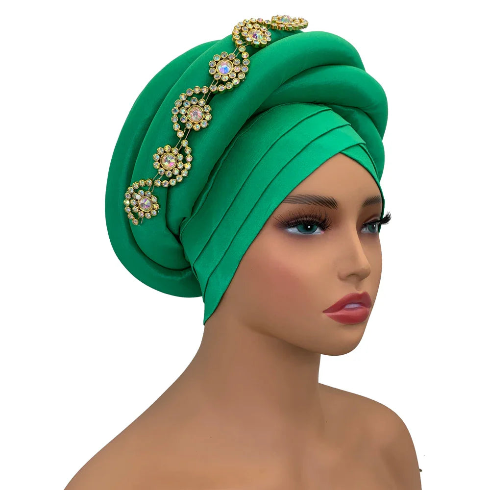 Beautifully designed turban in raw silk, highlighting an exquisite party style, ideal for enhancing any outfit with a touch of luxury and sophistication.