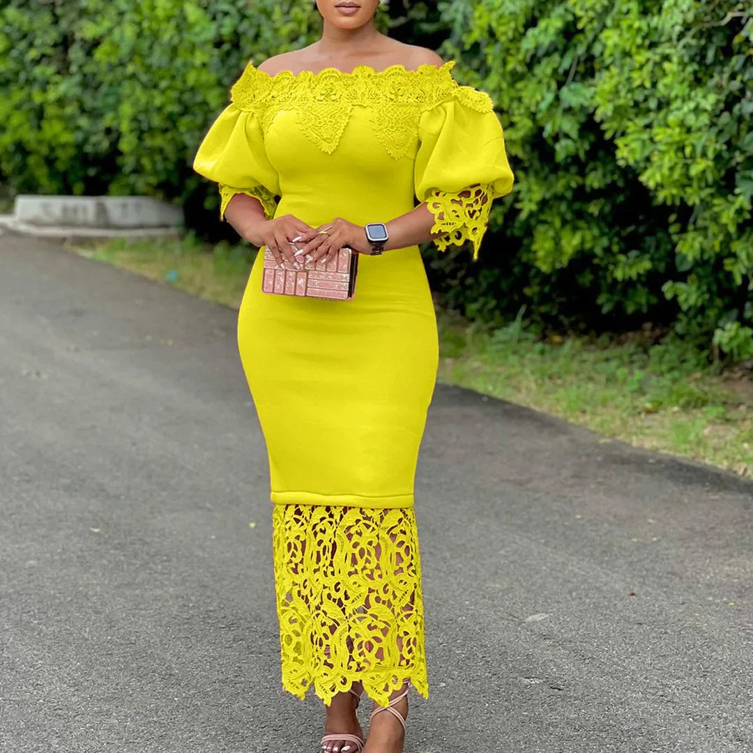 Elegant women's lace midi dress featuring a sophisticated slash neck, off-shoulder sleeves, and high waist design, perfect for upscale summer occasions.
