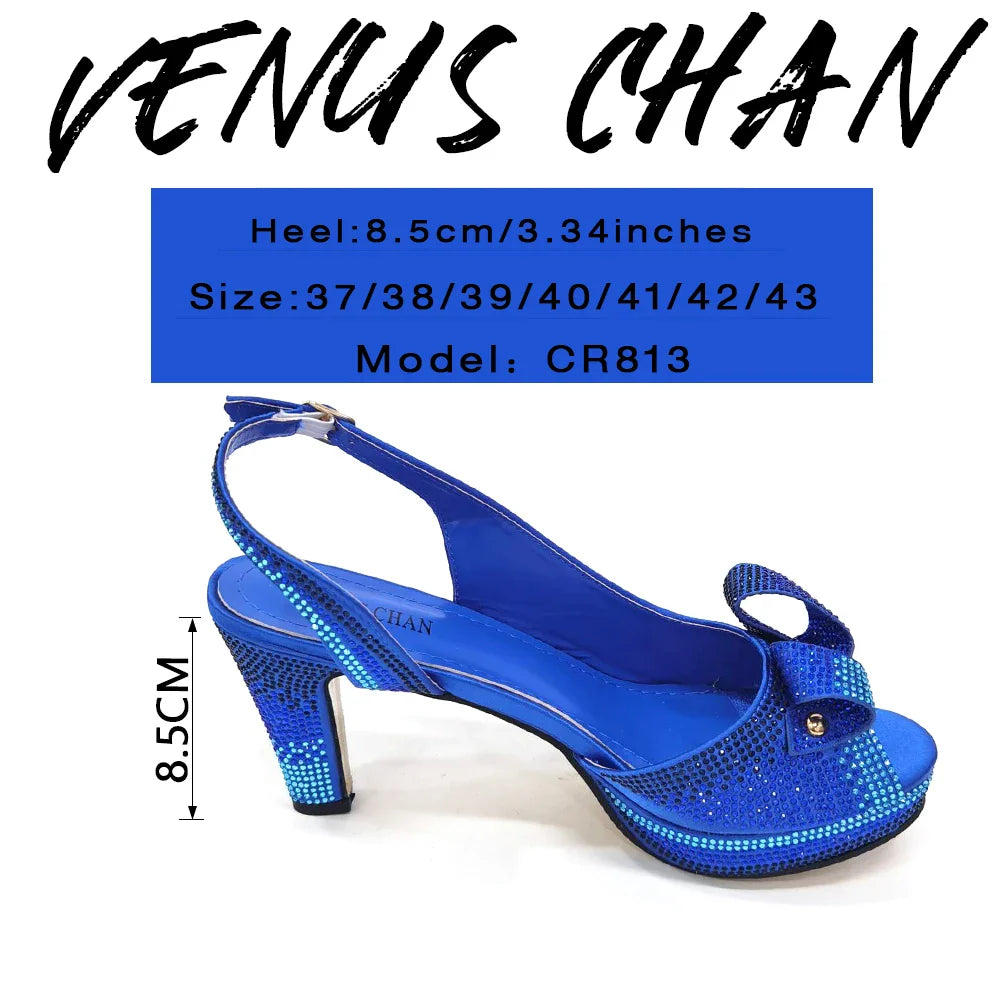 Stylish Venus Chan peach handbag with a metallic handle, coordinated with high heel shoes, ideal for upscale events and summer fashion.