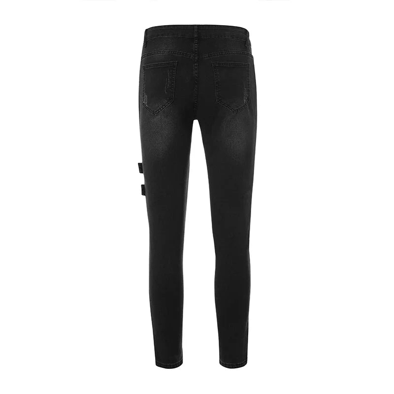 Elegant detail of men’s skinny denim joggers with stylish fake zippers, designed for versatility and modern aesthetics.