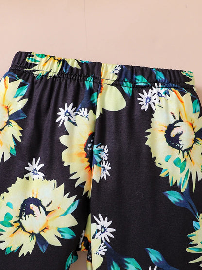 Luxury girls' spring fashion 2-piece casual set featuring a solid flared sleeve top and elegant printed tights for ages 4-6 years.