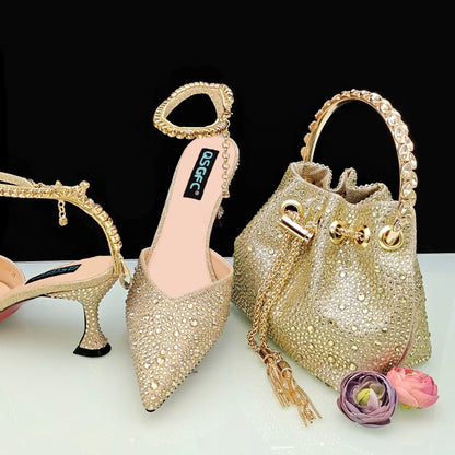 Close-up of luxurious gold glitter high heels with sparkling rhinestone details, designed for sophisticated women, ideal for special occasions.