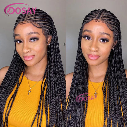 Beautifully designed 32" Full Lace Knotless Braided Wig with square part detail, showcasing its luxurious length and smooth texture.