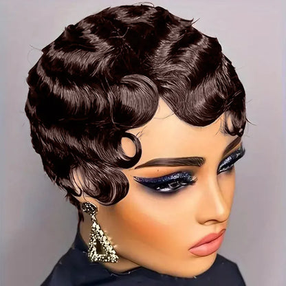 Close-up of a luxurious brown short pixie wig crafted from premium Remy human hair, showcasing soft curls and high-quality craftsmanship for a fashionable hairstyle.